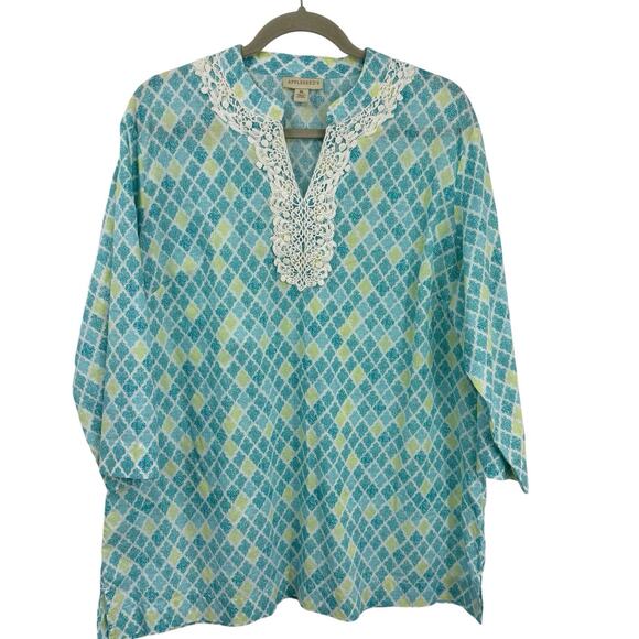 Appleseed's XL Blue Medallion Print Split Neck Tunic 3/4 Sleeve Resort - Picture 8 of 8